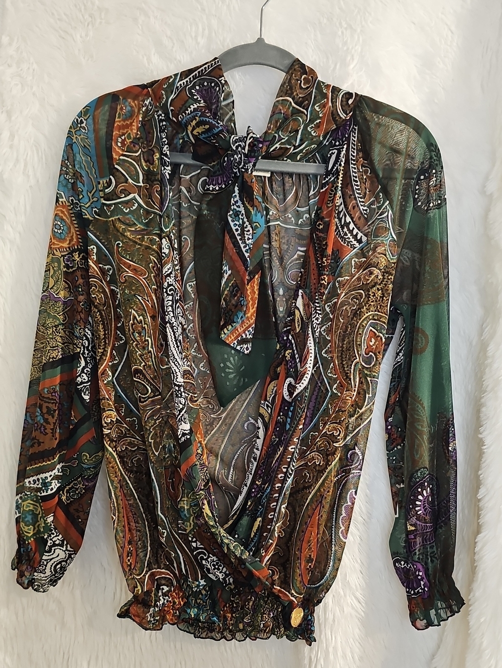 Tie-Neck Sheer Paisley Blouse in Multi Green